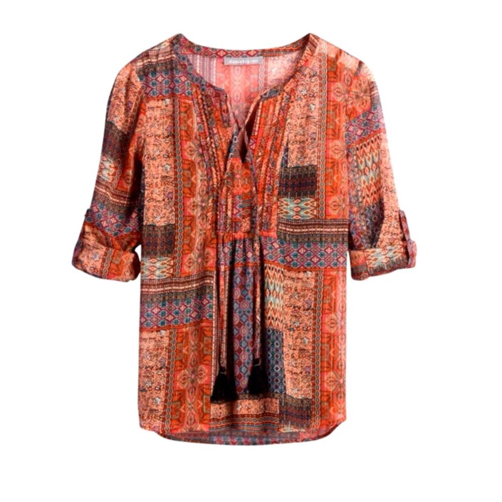 Pale Sky Orange Blue Bohemian style Top Silver threads Camisole Smocking V Neck